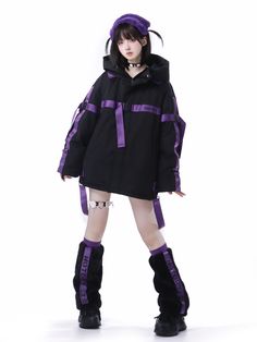 This price is for a coat only, others are not included.   	 		 			Size 			M 			L 			XL 		 		 			Full Length 			74 			78 			82 		 		 			Bust 			136 			144 			152 		 		 			Sleeve Length 			54 			56 			58 Kawaii Cyberpunk Outfits, Black And Purple Clothes, Purple Cyberpunk Outfit, Cyberpunk Outfit Ideas, Comfortable Stylish Outfits, Toast Fashion, Cyberpunk Fashion Women, Landmine Girl, Outfit Coordination