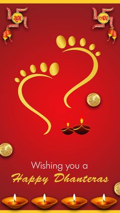 a happy diwaling card with gold coins and candles on it, which reads wishing you a happy diatteras