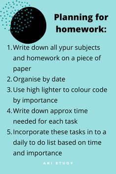 a blue poster with the words planning for homework written in black and white on it