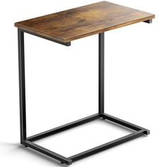 a small wooden table with metal legs and a square wood top on an isolated white background