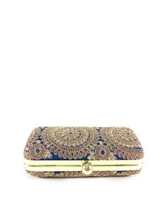 Blue Mandala Clutch - Desi Royale Hand Clutch, Blue Mandala, Frame Blue, Gold Embroidery, Silk Fabric, Metal Frame, Zip Around Wallet, Gold Color, Clutch Bag