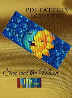 a cross stitch bookmark with the title sun and the moon written in blue on it