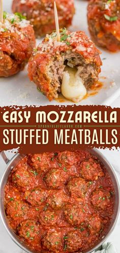 Easy Mozzarella Stuffed Meatballs, Game day food, football party finger foods, best snack ideas for Game day Cheese Meatballs, Baked Mozzarella, Pizza Marinara, Meatballs Recipes, Pork Dinners, Pork Bites, Stuffed Meatballs, Cheesy Meatballs, Mozzarella Stuffed Meatballs