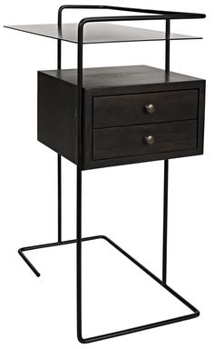 an end table with two drawers and a metal frame on the bottom, against a white background