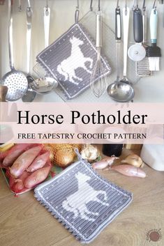 a crocheted horse potholder is shown with other kitchen utensils