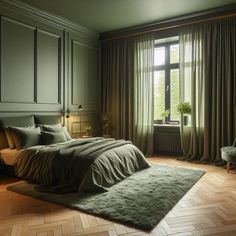 a large bed sitting next to a window on top of a hard wood floored floor