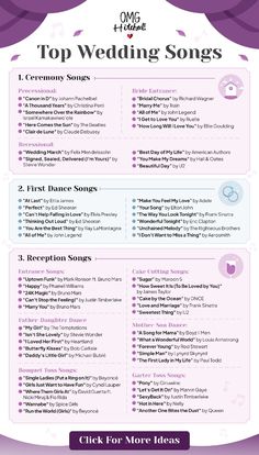 Infographic titled "Top Wedding Songs" with categories: Ceremony Songs, First Dance Songs, Reception Songs, and Cake Cutting Songs. Each section lists popular song titles and artists, with decorative hearts and a flowery background. Songs For First Dance Wedding, Wedding Dinner Music Playlist, Bride And Groom First Dance Songs, Songs That Will Make You Dance, First Song Wedding Dance, Wedding Playlist Black People, Wedding Dance Order, Wedding Party Processional Songs, Songs Needed For Wedding