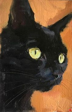 a painting of a black cat with yellow eyes looking at the viewer, on an orange background