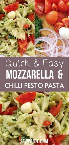 quick and easy mozzarella and chilli pesto pasta recipe with tomatoes, onions, broccoli, cheese, and herbs