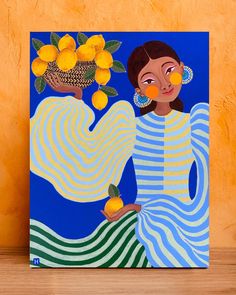 a painting of a woman with lemons on her head and in front of a blue background