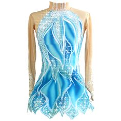 a woman's leotard with blue and white designs on it