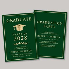 two green and gold graduation party cards with the graduate's cap on top of it