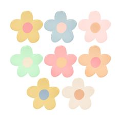 six different colored flowers on a white background