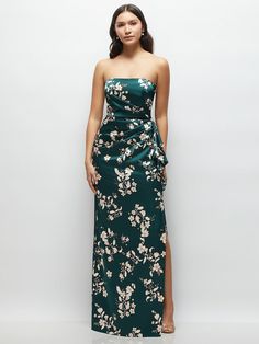 Strapless Draped Skirt Floral Satin Maxi Dress with Cascade Ruffle Draped Skirt, Skirt Floral, Column Dress, Strapless Maxi, Satin Maxi, Satin Maxi Dress, Top And Skirt, Crepe Dress, The Gap