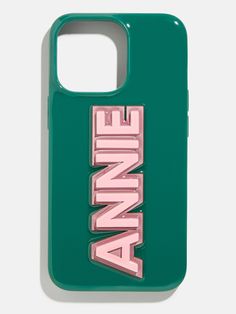 a phone case with the word annie on it in pink and green, against a white background