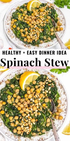 two plates filled with spinach, chickpeas and lemons on top of rice