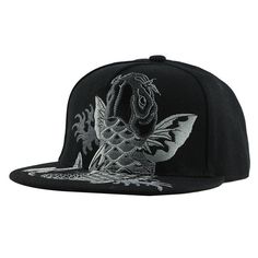 Koi Fish Embroidery Street Style Snapback Hip Hop Cap-unisex-wanahavit-F137 Black-Adjustable-wanahavit Black Snapback Fitted Hat For Summer, Trendy Black Baseball Cap With Embroidery, Trendy Black Embroidered Baseball Cap, Black Embroidered Summer Hat, Casual Black Embroidered Snapback Hat, Black Embroidered Baseball Cap For Spring, Embroidery Flats, Cap Embroidery, Hip Hop Women