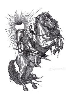 a black and white drawing of a knight on a horse