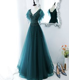 Green tulle beads long prom dress evening gown · Little Cute · Online Store Powered by Storenvy Prom Dress Green, Tulle Formal Dress, Prom Dress Pictures, Green Evening Dress, Formal Bridesmaids Dresses, Green Tulle, Floor Length Prom Dresses, Evening Dress Floor Length, Unique Prom Dresses