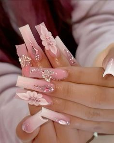 Birthday Nail Inspo 2024, Nails Acrylic Birthday Set, Cute Pink Birthday Nails, Quinceanera Nails Pink, Nails For Quince, Pink Birthday Nails Acrylic, Pink Quince Nails, Latina Nail Designs, Xv Nails