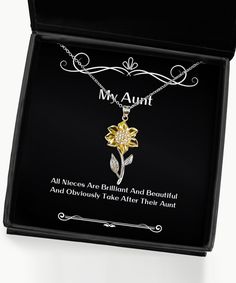 Aunt Sunflower Pendant Necklace is the perfect gift for the person who brings you happiness. Sunflowers are known for their beauty and ability to bring joy. Made of .925 sterling silver metal, this necklace features a single sunflower that will surely brighten up your day! This item arrives gift-ready in our custom packaging with a lovely message card. Certificate of Authenticity Card - Features the GearBubble Seal Of Authenticity, which certifies that the jewelry is handmade and crafted in genu Single Sunflower, Wife Jewelry, New Aunt, Sunflower Pendant, Gifts For Fiance, Cheap Christmas, Aunt Gifts, Custom Packaging, Message Card