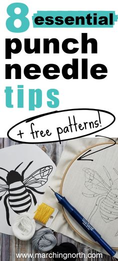 the text 8 essential punch needle tips and free patterns is shown in front of an image of