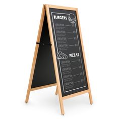 a chalkboard menu board with wooden legs