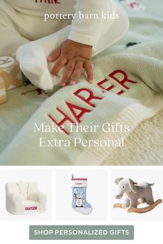 a baby's personalized gift is shown with the words make their gifts extra personal