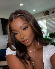 Chocolate Brown On Black Hair, Dark Skin Brown Hair Highlights, Brown Balayage Black Women, Monochromatic Hair And Skin, Choco Hair Color, Luxurious Black Women, Dark Skin With Brown Hair, Brown Skin Girl Hair Color Ideas