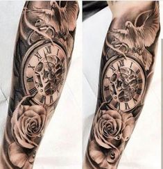 a man with a clock and roses tattoo on his arm