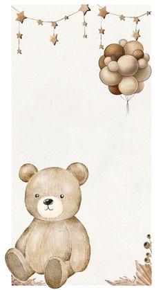 a watercolor painting of a teddy bear with balloons in the shape of stars on a white background