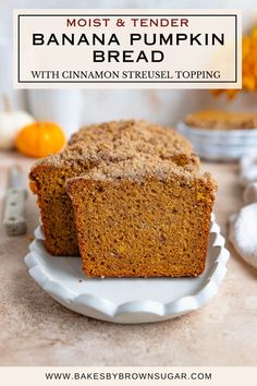 two slices of banana pumpkin bread on a white plate with the title in the middle