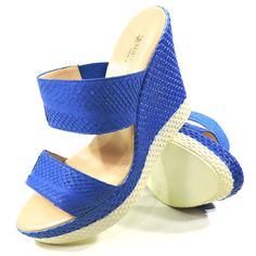 100% Leather Imported Polyurethane Sole Made In Italy Python Skin Upper Leather Lining Heel Is 4.5" Platform 1.5" Handmade Elegant Blue Wedge Sandals With Round Toe, Elegant Blue Synthetic Wedge Sandals, Blue Wedge Sandals With Removable Insole, Blue Leather Wedge Heel Sandals, Blue Leather Wedge Sandals For Spring, Chic Blue Leather Wedge Sandals, Blue Synthetic Wedge Sandals With Removable Insole, Blue Wedge Heels With Removable Insole, Chic Blue Wedge Sandals With Round Toe