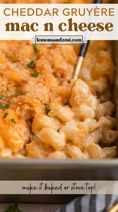 cheddar gruyere mac n cheese in a casserole dish