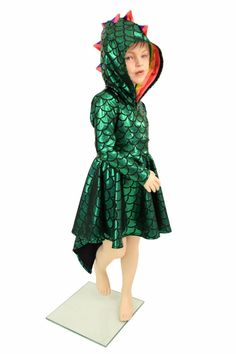 Long Sleeve Dragon Hooded Skater Dress w/Dragon Tail Hemline | Etsy Green Long Sleeve Mermaid Dress, Hooded Dresses For Winter Costume Party, Hooded Fitted Dress For Cosplay, Fitted Hooded Dress For Cosplay, Fantasy Dresses For Winter Costume Party, Green Winter Costume For Costume Party, Green Winter Costume Party Dress, Hooded Fall Party Dresses, Green Long Sleeve Halloween Costume