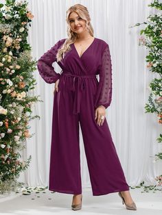 Plus Size Jumpsuit Wedding Casual, Formal Full-length Jumpsuits And Rompers For Spring, Plus Size Jumpsuit Wedding Shein, Peplum Jumpsuit Plus Size, Wide Leg Jumpsuit Dusty Purple, Plus Size Jumpsuit Wedding, Summer Cocktail Attire, Semi Formal Wedding Attire, Purple Jumpsuit