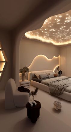 a bed room with a neatly made bed and lights on the ceiling