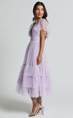 Jiraye Midi Dress - Flutter Sleeve Tuelle Plunge Dress in Lilac | Showpo USA Showpo Bridesmaid Dress, Midi Garden Party Dress, Lavender Spring Dress, Light Purple Wedding Guest Dress, Wedding Guest Dress Lilac, Bridesmaid Dresses Lilac Lavender, Pastel Wedding Guest Outfit, Light Purple Dress Formal, Lilac Dress Formal