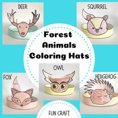 four different animal hats with the words forest animals on them