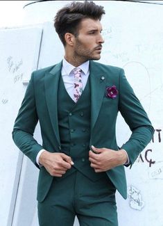 Mens Suits Green, 3 Piece Suit Wedding, Suit For Wedding, Slim Fit Suit Men, Dinner Suit, Green Vest, Groomsmen Suits