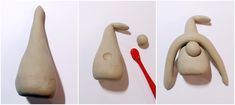 three different images of clay figures with red paint