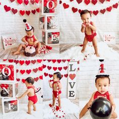 two baby girls in red and white outfits, one is holding a black balloon while the other has a cake