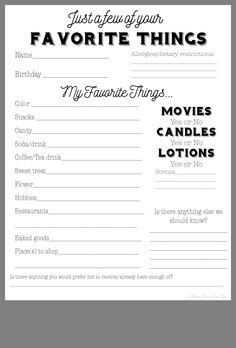 a printable list for favorite things with the words, movies and candles on it