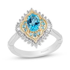 Discover a new world of beauty with this Swiss blue topaz and diamond ring from Enchanted Disney inspired by Jasmine. Sterling silver and 10K gold The 7.0 x 5.0mm oval-shaped Swiss blue topaz is wrapped in a frame of round blue topaz Milgrain detailing surrounds the center Round and baguette-cut diamonds create the outer arabesque frame 1/5 ct. t.w. of diamonds ©Disney Topaz And Diamond Ring, Enchanted Disney, Disney Jasmine, A New World, Baguette Cut Diamond, Swiss Blue Topaz, Baguette Cut, Disney Inspired, Arabesque