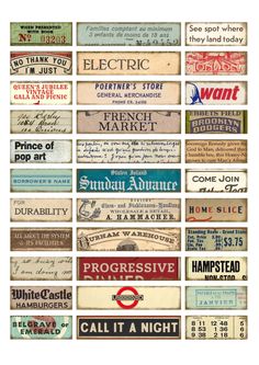 many different types of advertising signs are shown in this collage with words on them