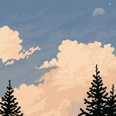 the sky is full of clouds and some trees are silhouetted against it in this pixel art style