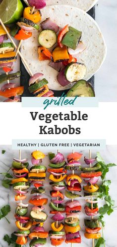 grilled vegetable kabobs on skewers with text overlay