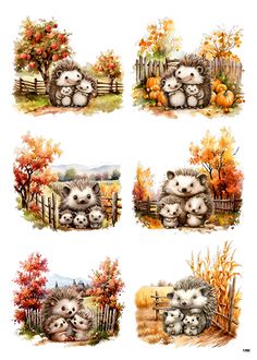 four pictures of hedges in the fall with pumpkins and trees behind them,