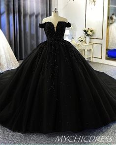 Black Poofy Wedding Dress, Glittery Black Quince Dress, Black Prom Dress Long Sparkly Ball Gowns, Qencenera Dresses Black, Black Qencenera Dress, Black Cinderella Dress, Black Wedding Dress Black Women, Quince Black Dresses, Black Wedding Dress Princess