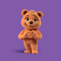 a brown teddy bear standing in front of a purple background with his arms folded up